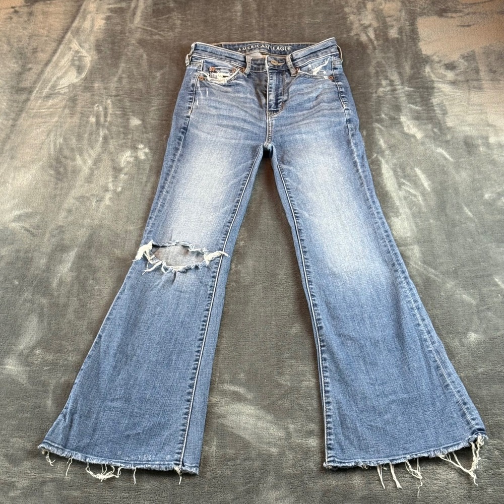 American Eagle Super Hi-Rise Flare Jeans Distressed Raw Hem 000 Short Blue Denim